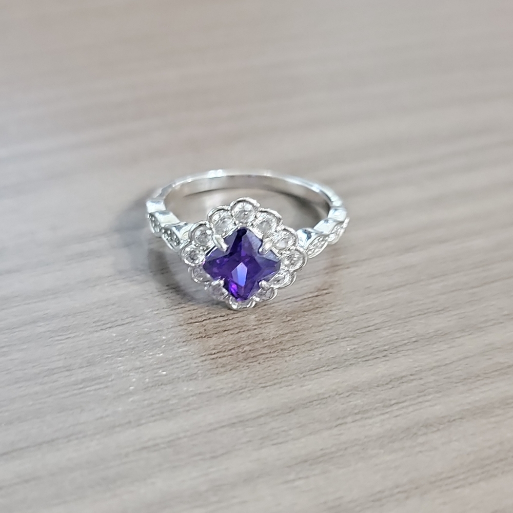 Lab created bright Amethyst and white topaz ring, size 7